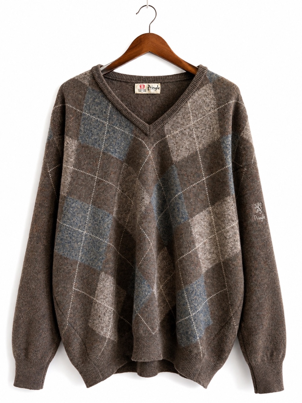 Vintage Pringle of Scotland Lambswool Argyle V-Neck Sweater XL Made in Scotland
